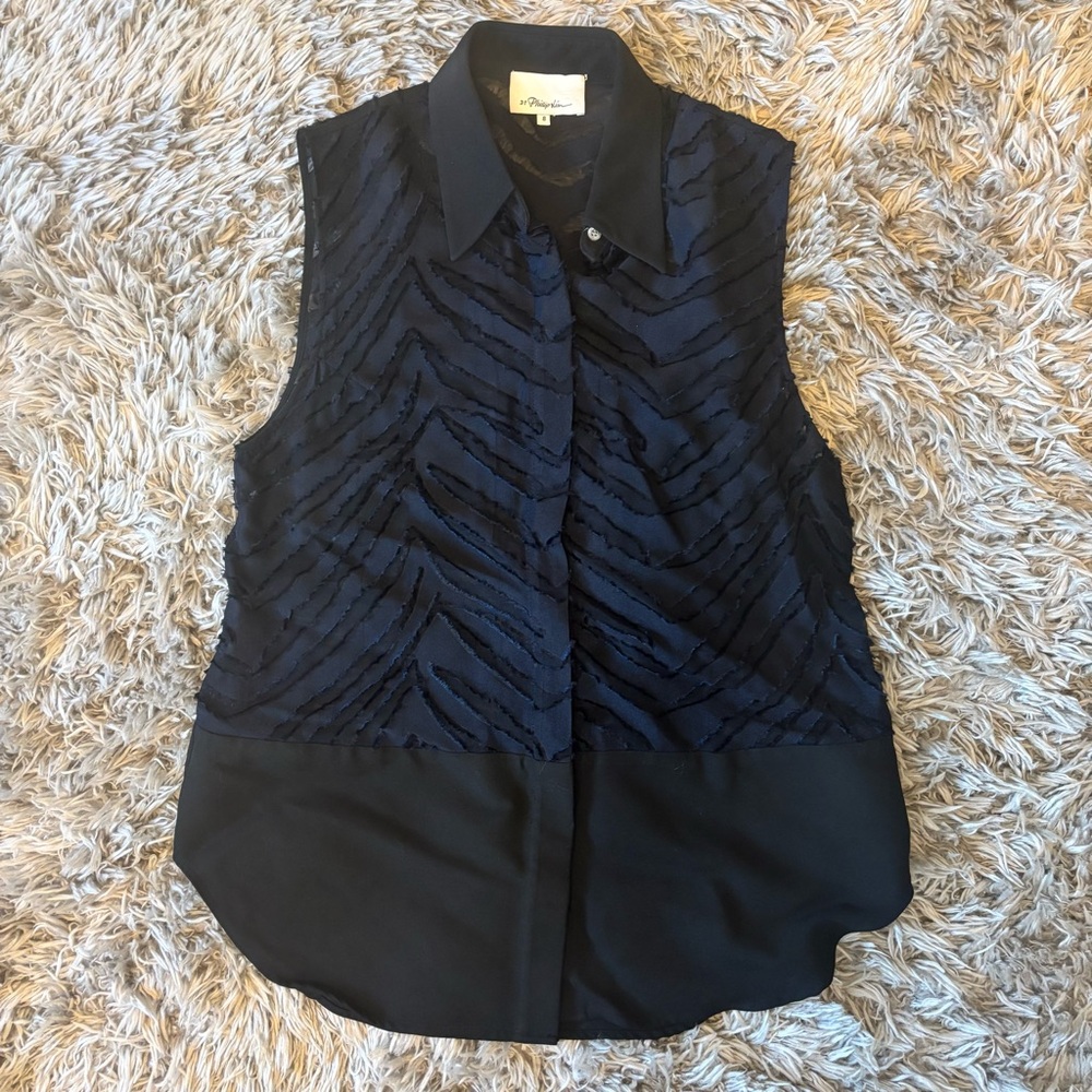 3.1 Phillip Lim Sleeveless Sheer Collared Button Blouse Navy zebra stripe Size 8